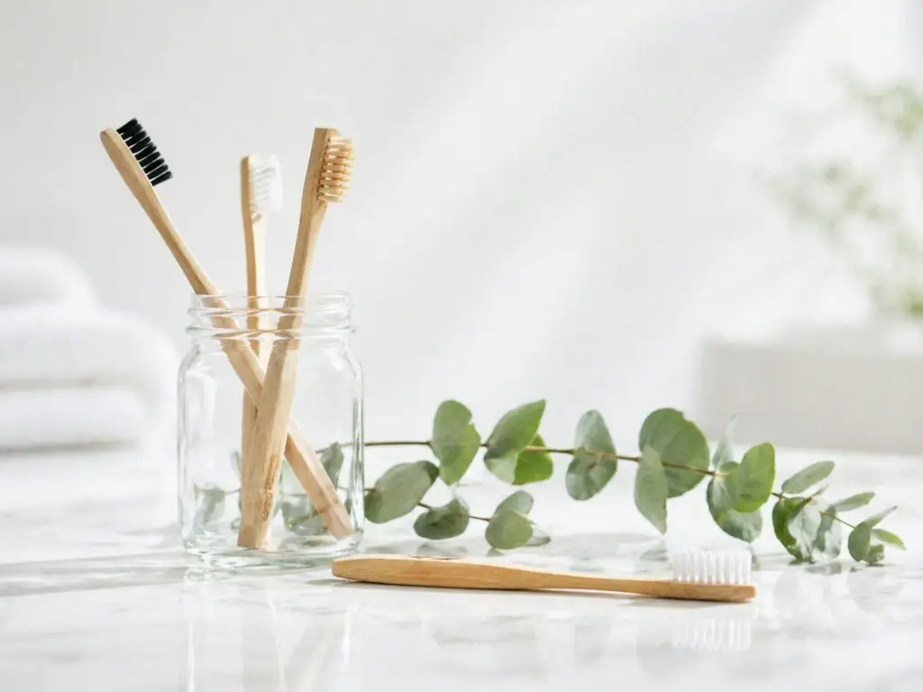 Bamboo toothbrushes in a glass jar with eucalyptus leaves